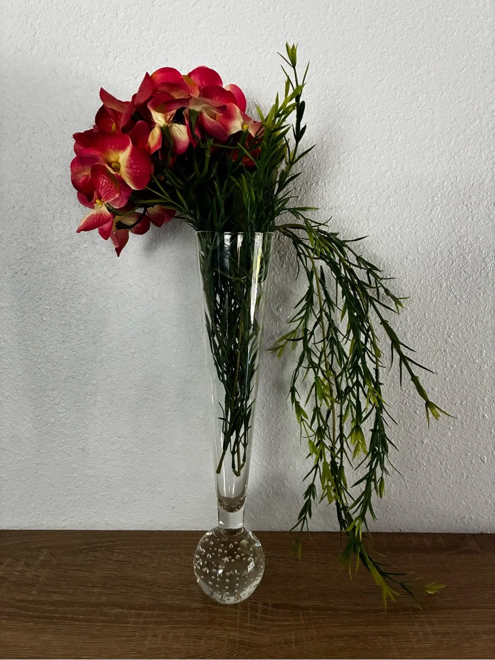 MCM 12” Clear Glass Trumpet Vase Bubble Base Vintage Minimalist